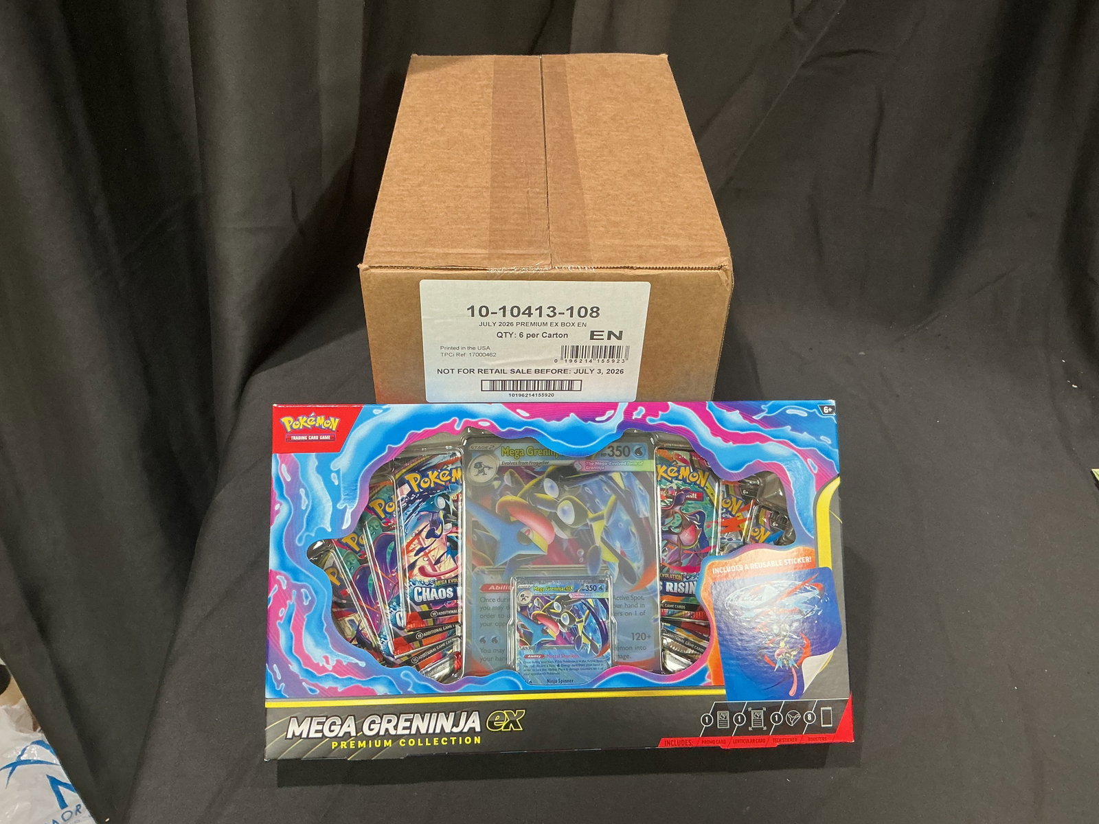 Mega Greninja ex Premium Collection Sealed Case of 6: Built for sealed-product collectors, this factory sealed case contains six Pokemon Mega Greninja ex Premium Collection boxes. The individual box shown is for display purposes only to illustrate the