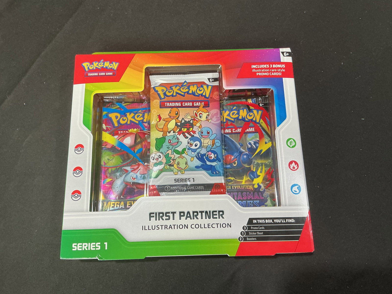 First Partner Pokemon Series 1 Sealed: Presented in its original sealed format, this sealed Pokemon First Partner Illustration Collection Series 1 contains three illustration rare-style promo cards, three booster packs, and a sticker