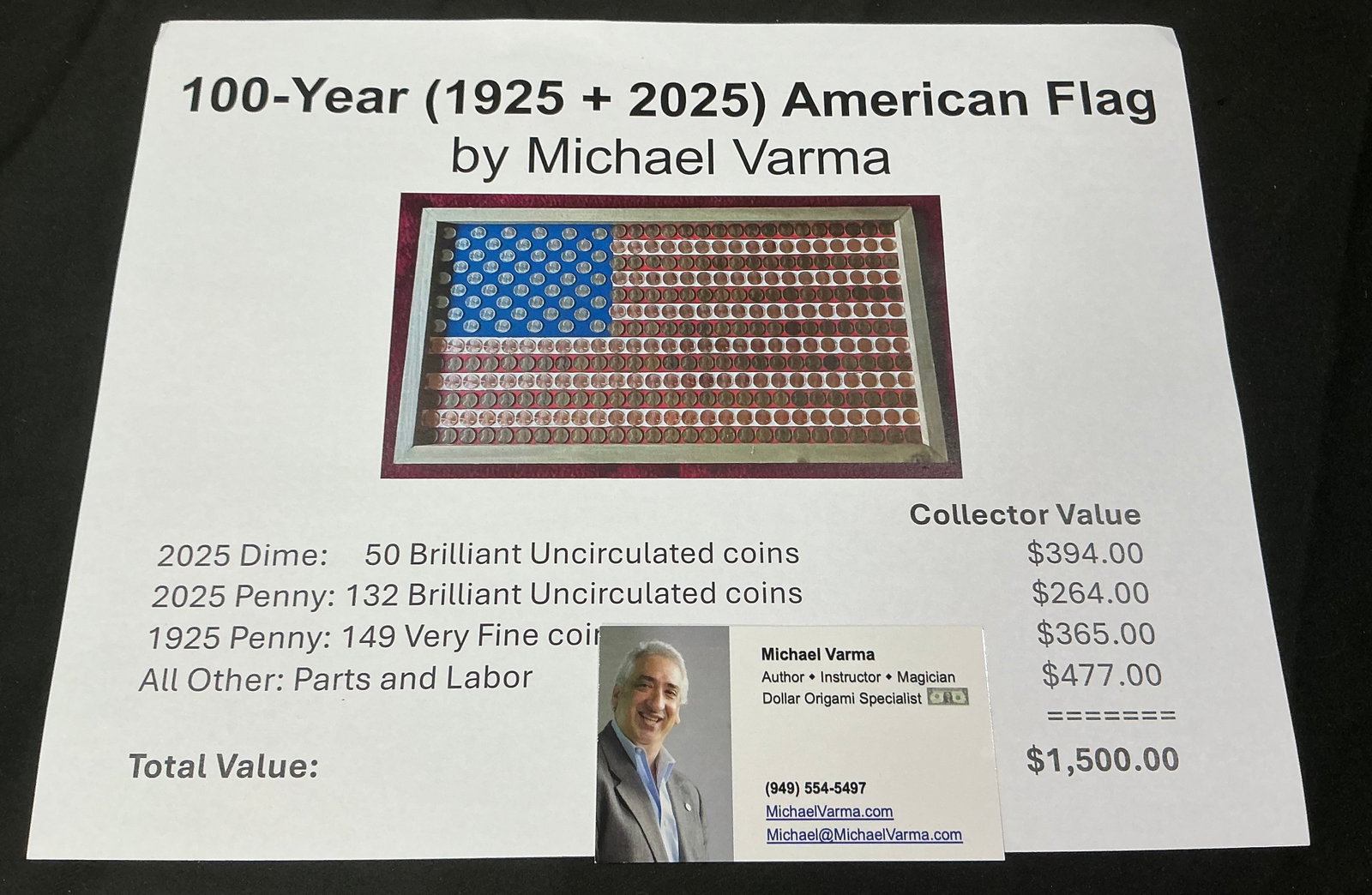 100-Year 1925-2025 American Coin Flag by Michael Varma: Created by Michael Varma, this framed American flag display commemorates a century from 1925 to 2025 using genuine U.S. coinage arranged across the stars and stripes. The accompanying information
