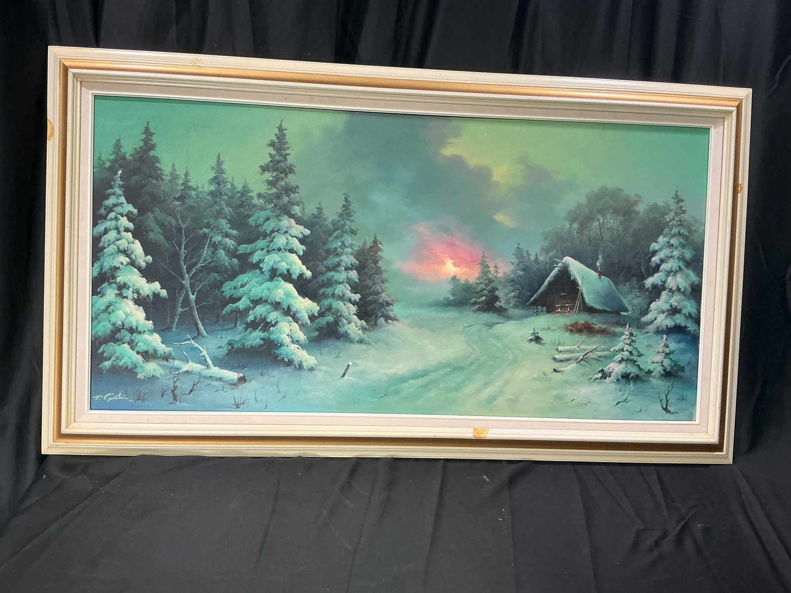 Eugene Garin Winter Landscape Original Oil Painting: Depicting a tranquil winter landscape, this original oil painting by Eugene Garin features a snow-covered cabin beneath a colorful sunset sky. Signed lower left and presented in its frame, the
