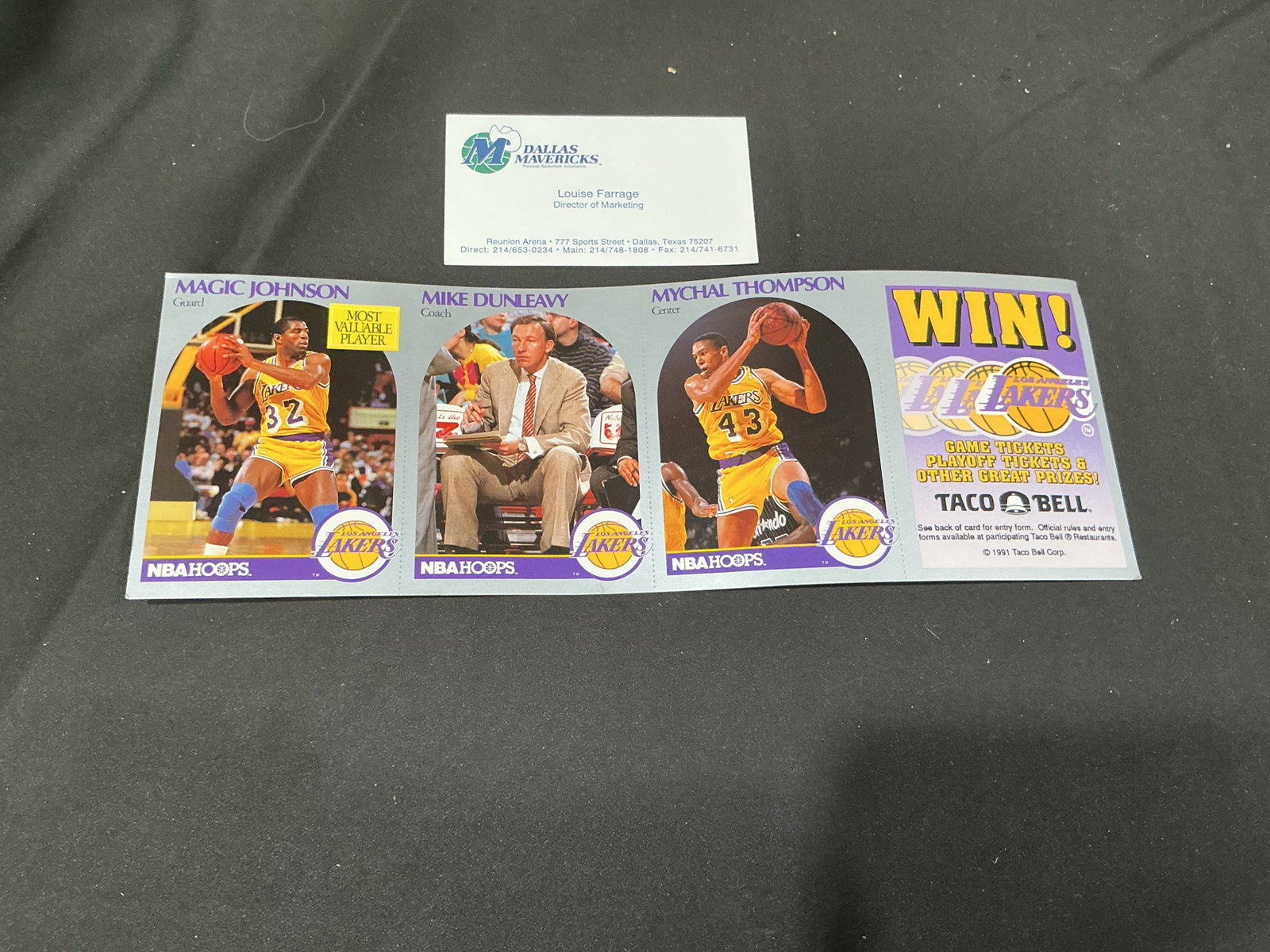 1990-91 NBA Hoops Taco Bell Lakers Uncut Magic Johnson Panel: Making its first appearance in this auction, this original 1990-91 NBA Hoops Taco Bell Los Angeles Lakers uncut promotional panel features Magic Johnson as Most Valuable Player, head coach Mike Dunlea