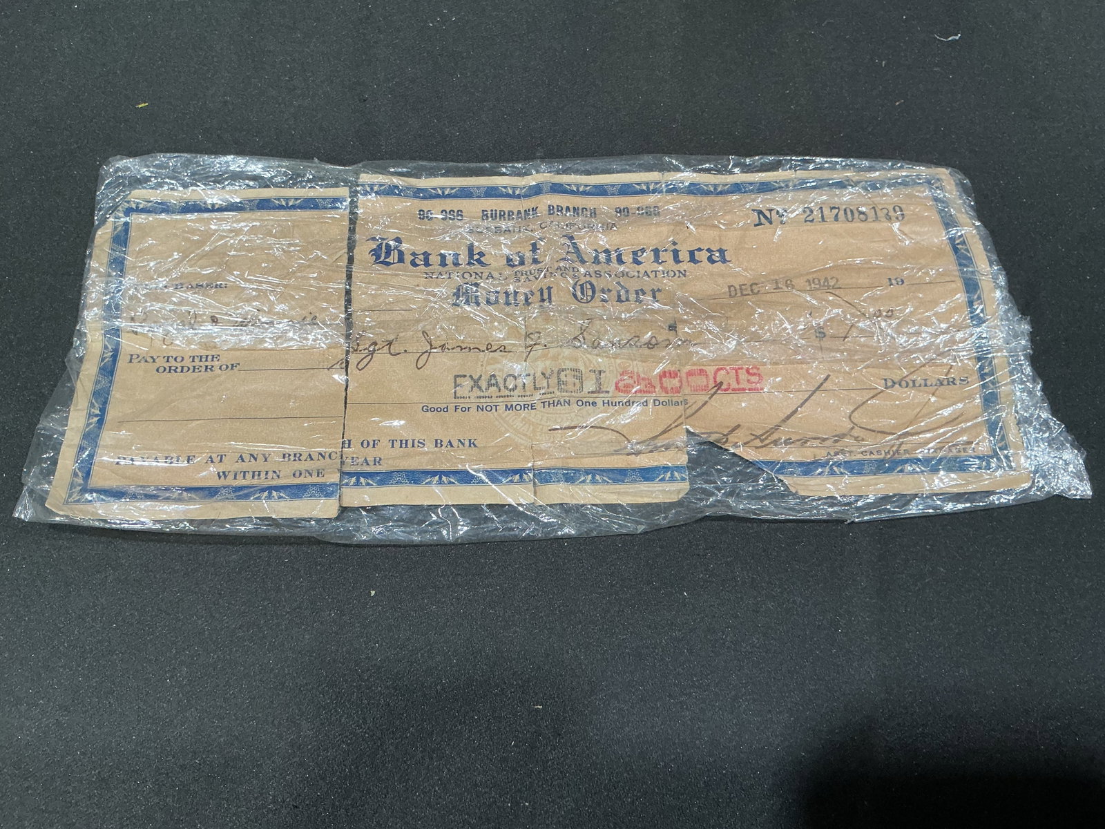 1942 Bank of America Burbank Counter Order Check (1 of 2)