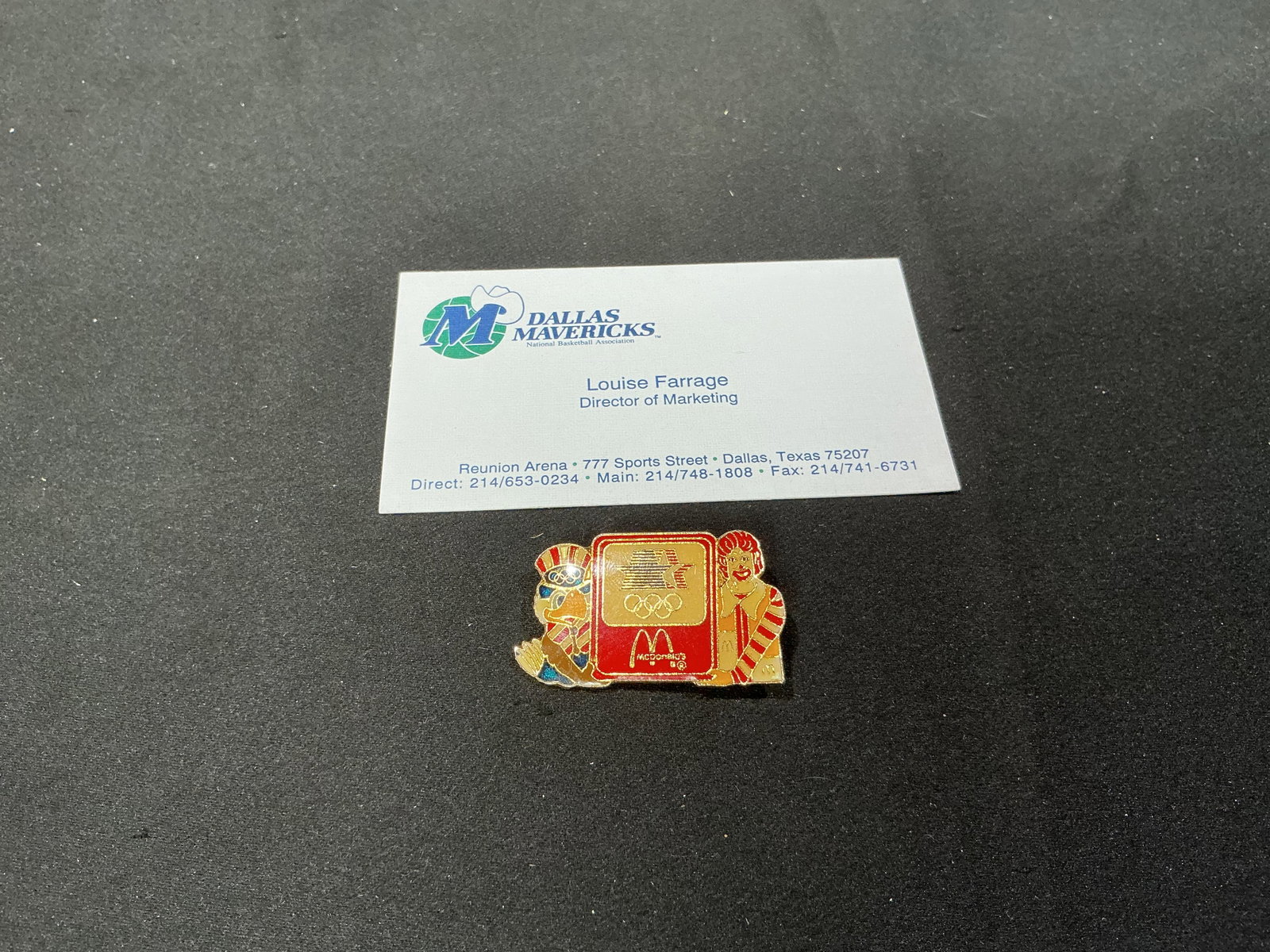 1984 Los Angeles Olympics McDonald's Ronald & Sam Eagle Pin: From the personal collection of Louise Farrage, former Director of Marketing for the Dallas Mavericks at Reunion Arena, this vintage 1984 Los Angeles Summer Olympics McDonald's collector pin features 
