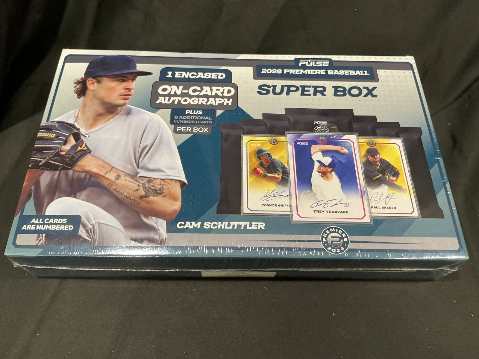 2026 Pulse Premiere Baseball Super Box Factory Sealed: New to the auction, this factory sealed 2026 Pulse Premiere Baseball Super Box features Cam Schlittler on the cover and contains seven numbered cards, including one encased on-card autograph plus six 