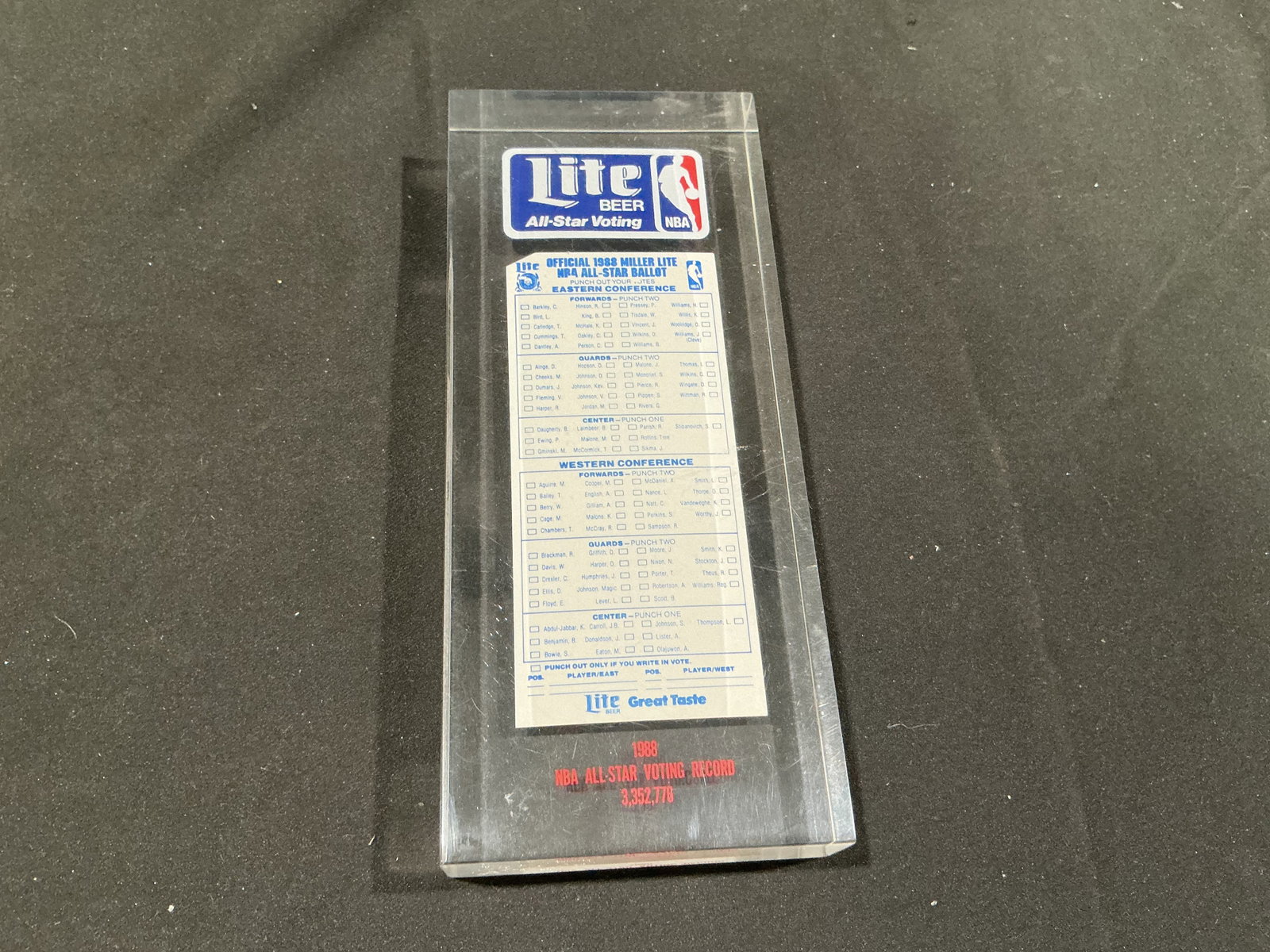 1988 Miller Lite NBA All-Star Voting Ballot Display: Joining the auction for the first time, this 1988 Miller Lite NBA All-Star voting display preserves an official punch-out ballot listing Eastern and Western Conference players from the era. The