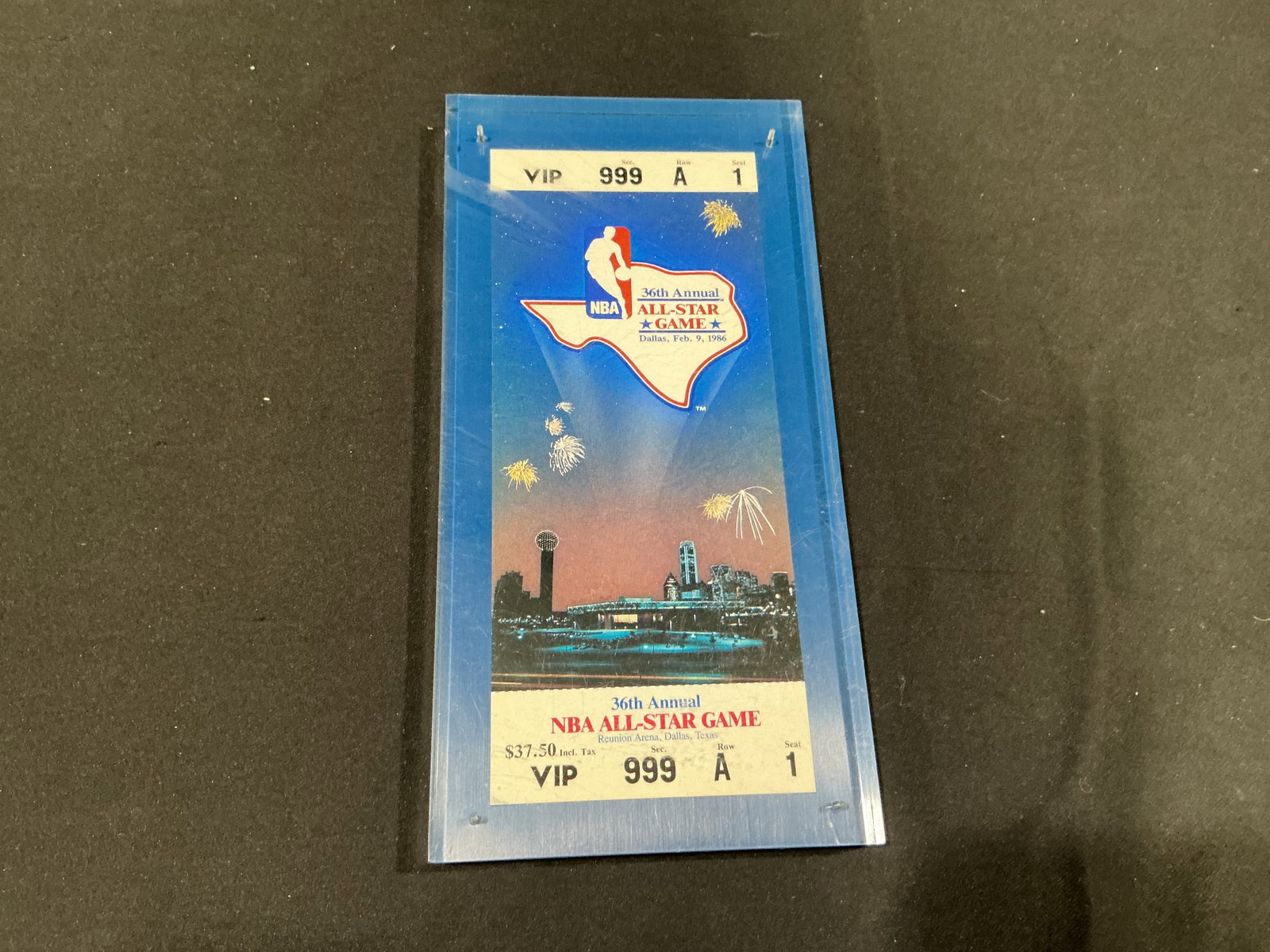 1986 NBA All-Star Game Dallas VIP Ticket Display: Featured for the first time in our auction, this original full VIP ticket from the 36th Annual NBA All-Star Game held February 9, 1986 at Reunion Arena in Dallas is presented in a clear display