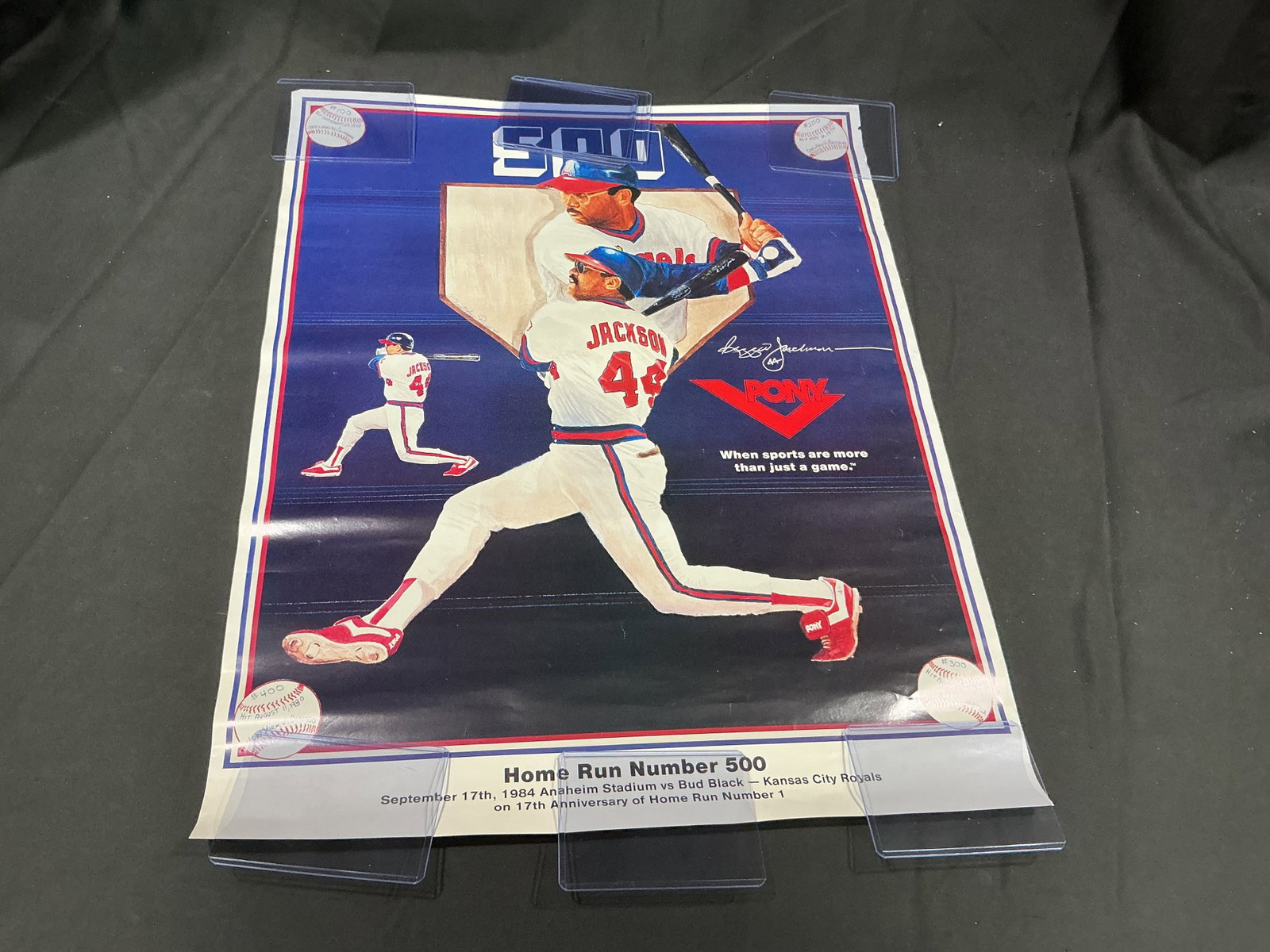 Reggie Jackson 500 Home Run PONY Commemorative Poster: Celebrating one of baseball's landmark power-hitting achievements, this vintage-style PONY poster commemorates Reggie Jackson's 500th career home run, hit September 17, 1984 at Anaheim Stadium