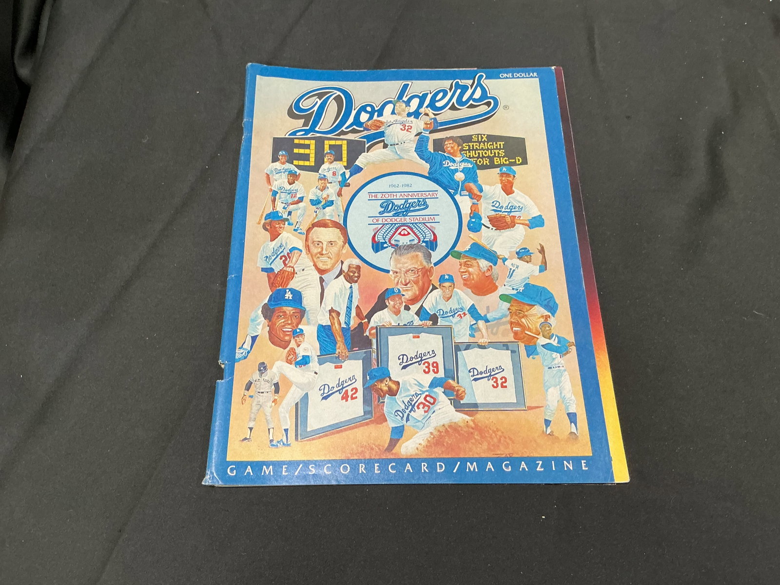 1982 Dodgers 20th Anniversary Dodger Stadium Program: Marking the 20th anniversary of Dodger Stadium, this 1982 Los Angeles Dodgers game program and scorecard magazine features a colorful commemorative cover spanning the club's first two decades at Chave