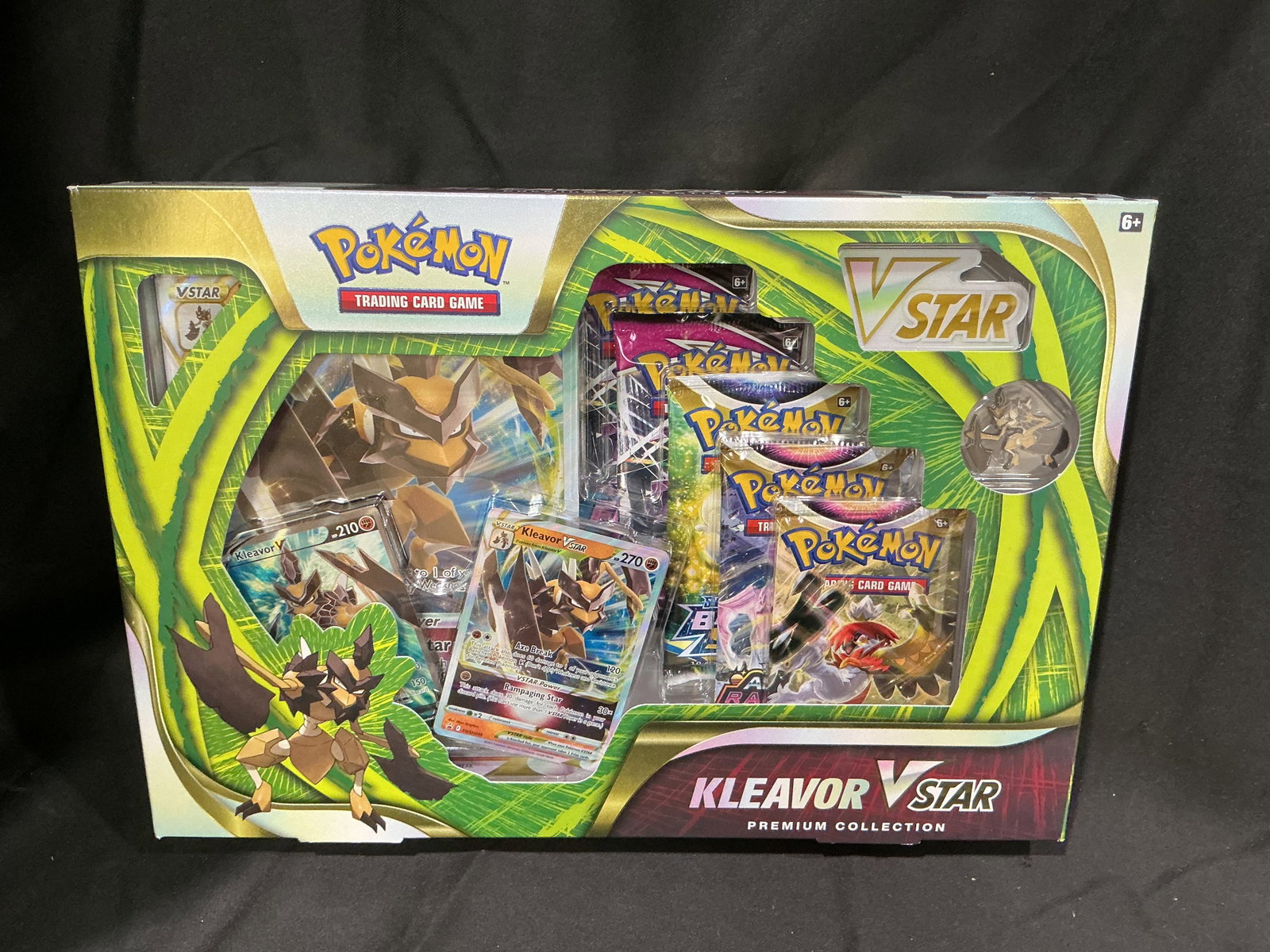 Pokemon Kleavor VSTAR Premium Collection Sealed: New to the auction, this factory sealed Pokemon TCG Kleavor VSTAR Premium Collection features an etched foil Kleavor V promo card, etched foil Kleavor VSTAR promo, oversized Kleavor VSTAR card, five P