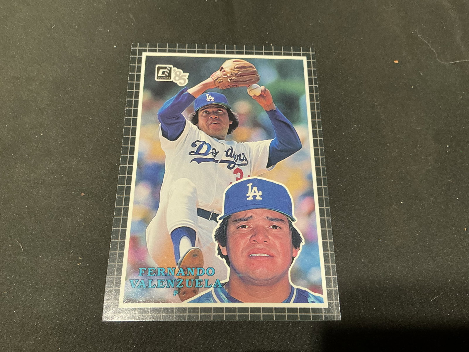 1985 Jumbo Donruss Fernando Valenzuela Dodgers #37: Fernando Valenzuela is featured in his Los Angeles Dodgers uniform on this oversized 1985 Donruss baseball card #37, combining an action pitching image with a large portrait against the set's