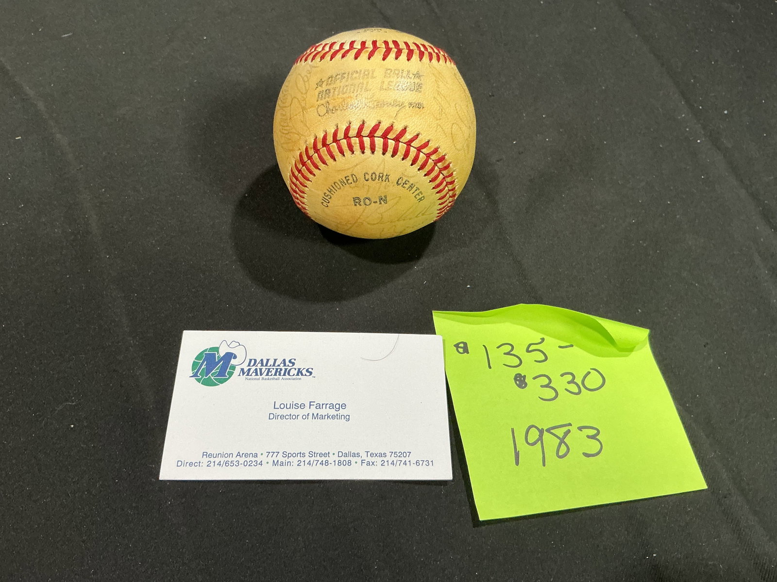 1983 Multi-Signed Official American League Baseball: Dating to 1983, this Official American League baseball carries numerous signatures across its panels and comes from the Louise Farrage collection, accompanied by her Dallas Mavericks Director of Marke