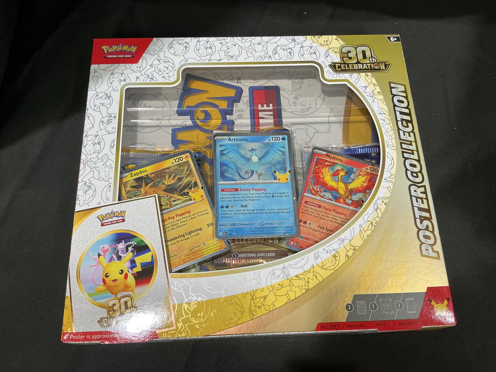 Pokemon 30th Celebration Articuno Zapdos Moltres Poster Collection: Back again from the newly released Pokemon TCG 30th Celebration series, this factory sealed Poster Collection features foil promo cards of the legendary Kanto trio Articuno, Zapdos, and Moltres alongs