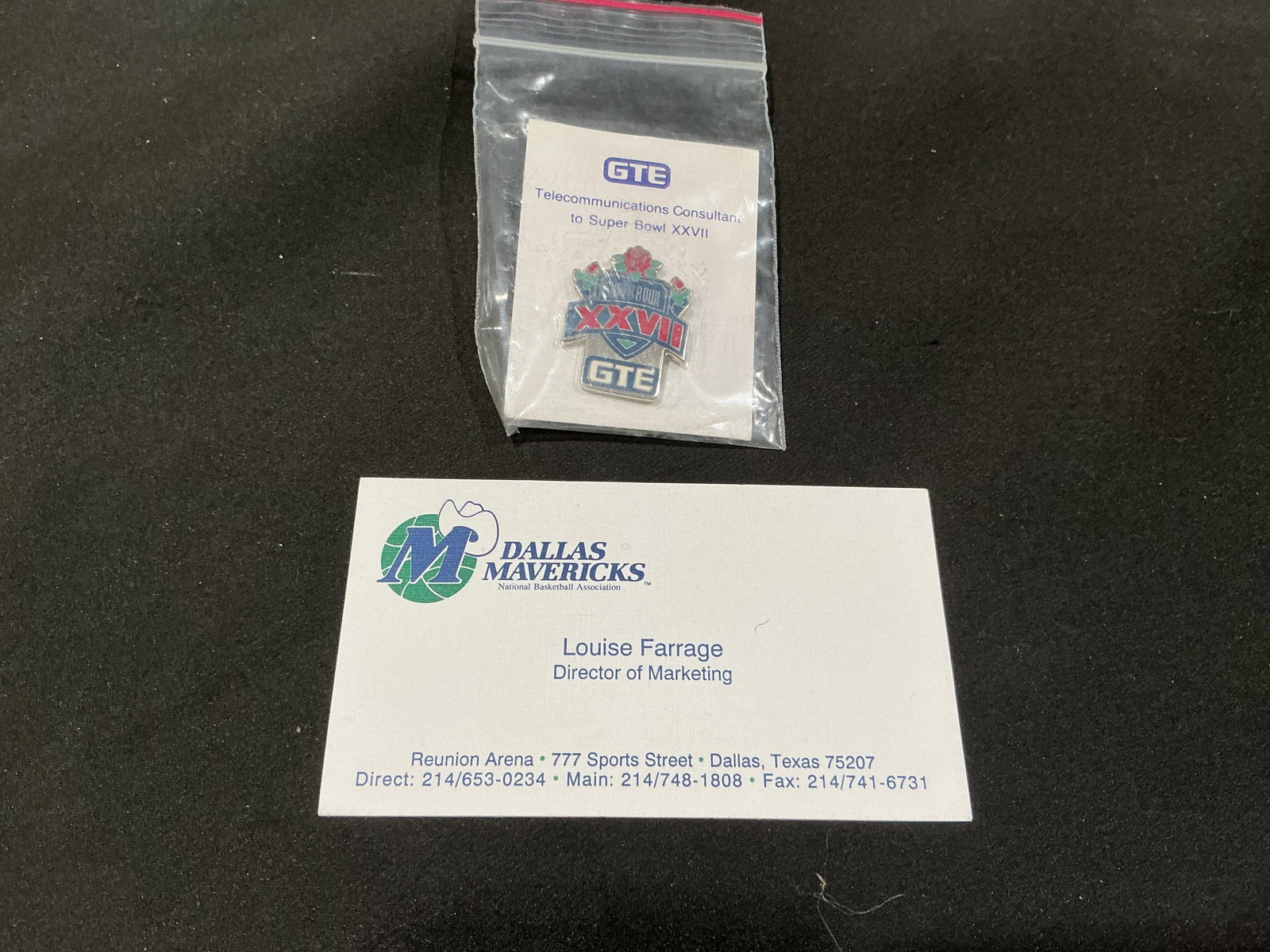Super Bowl XXVII GTE Telecommunications Consultant Pin: Another opportunity at an unusual Super Bowl XXVII corporate issue, this GTE lapel pin is mounted on its original card marked "Telecommunications Consultant to Super Bowl XXVII." The pin carries the