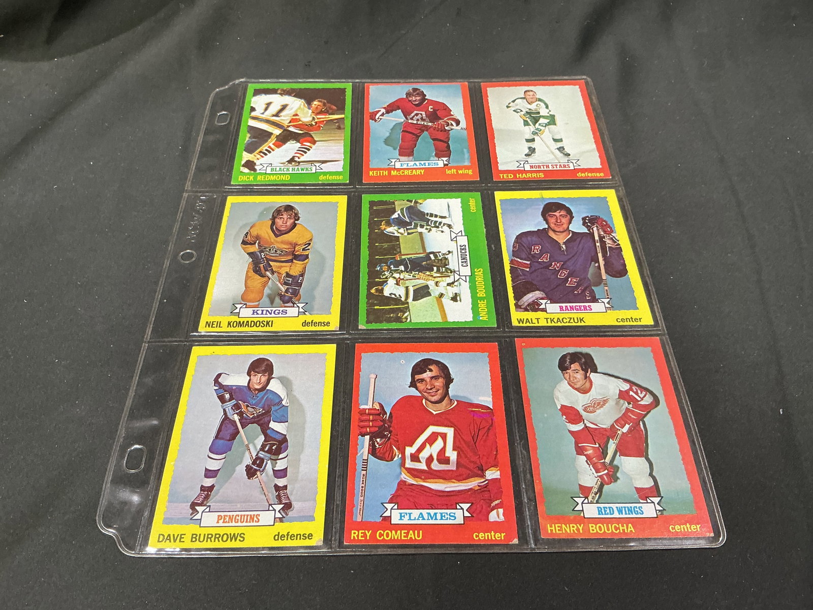 1973-74 Topps Hockey Walt Tkaczuk 9-Card Group: Offered once more as a nine-card vintage 1973-74 Topps hockey grouping, this assortment is highlighted by New York Rangers center Walt Tkaczuk and also features Dick Redmond, Keith McCreary, Ted Harri