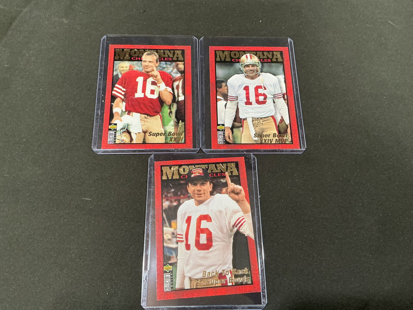 Joe Montana Chronicles Super Bowl Card Trio: Back in the auction as a focused Joe Montana championship grouping, these three Upper Deck Collector's Choice Joe Montana Chronicles cards feature the San Francisco 49ers quarterback's Super Bowl acco