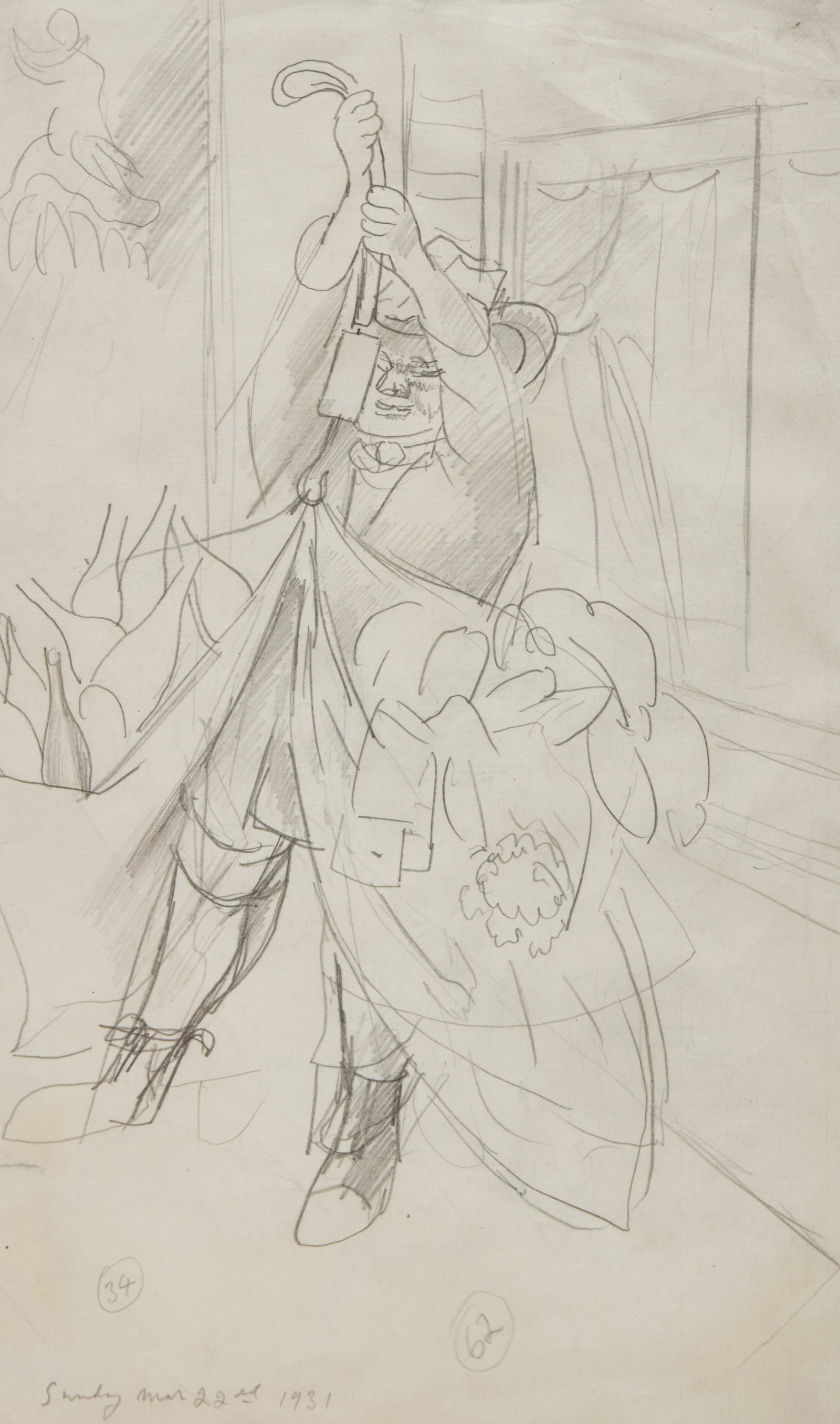 STANLEY SPENCER - Dustman (Sunday, March 22nd), 1931: graphite dated “Sunday March 22nd, 1931” and numbered “34” lower left and numbered “62” lower middle; titled and dated on a gallery label on the reverseSize12