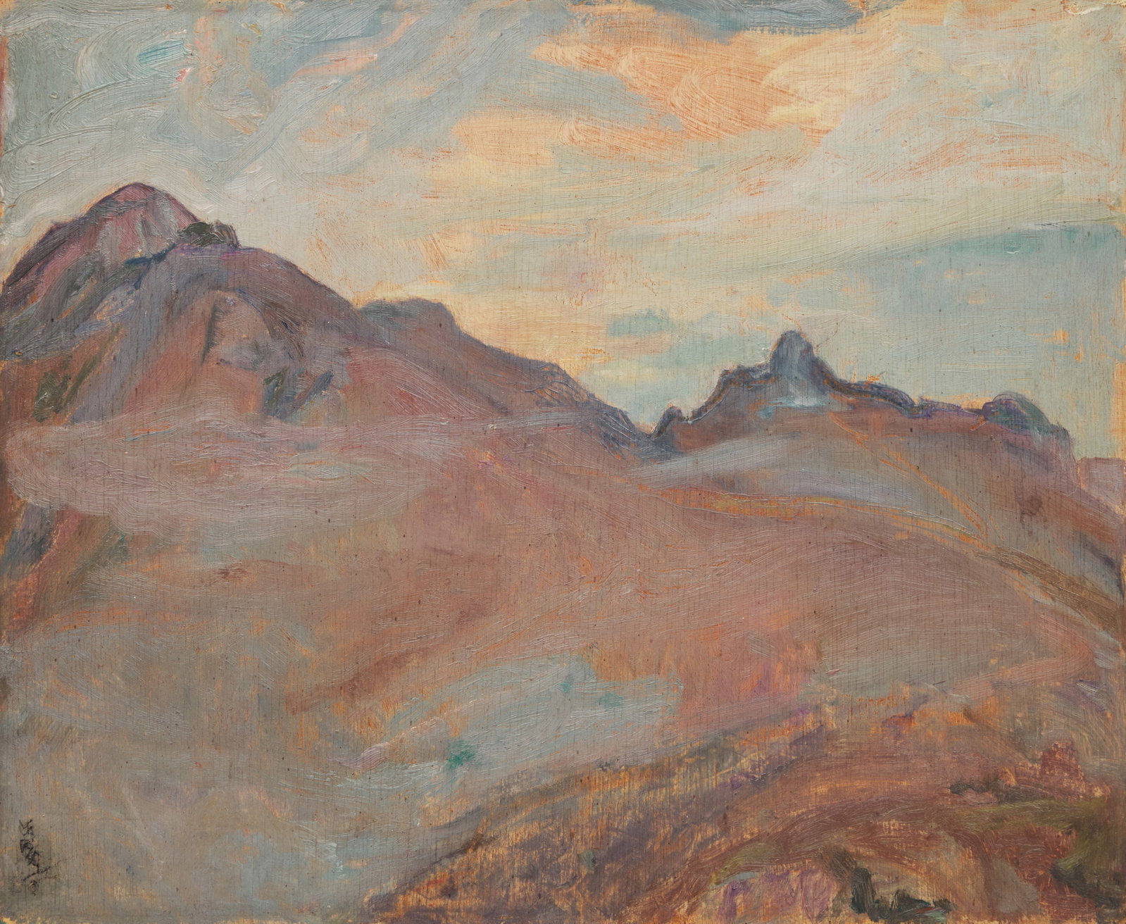 Frederick Horsman Varley, Evening Light, The Kootenays: oil on panel signed lower left; titled, Varley inventory no. 431 and inscribed "Mountain Scene, B.C." on the reverse 12 × 15 in (30.5 × 38.1 cm) Provenance: Origine Beaux Arts, Montreal, 1972