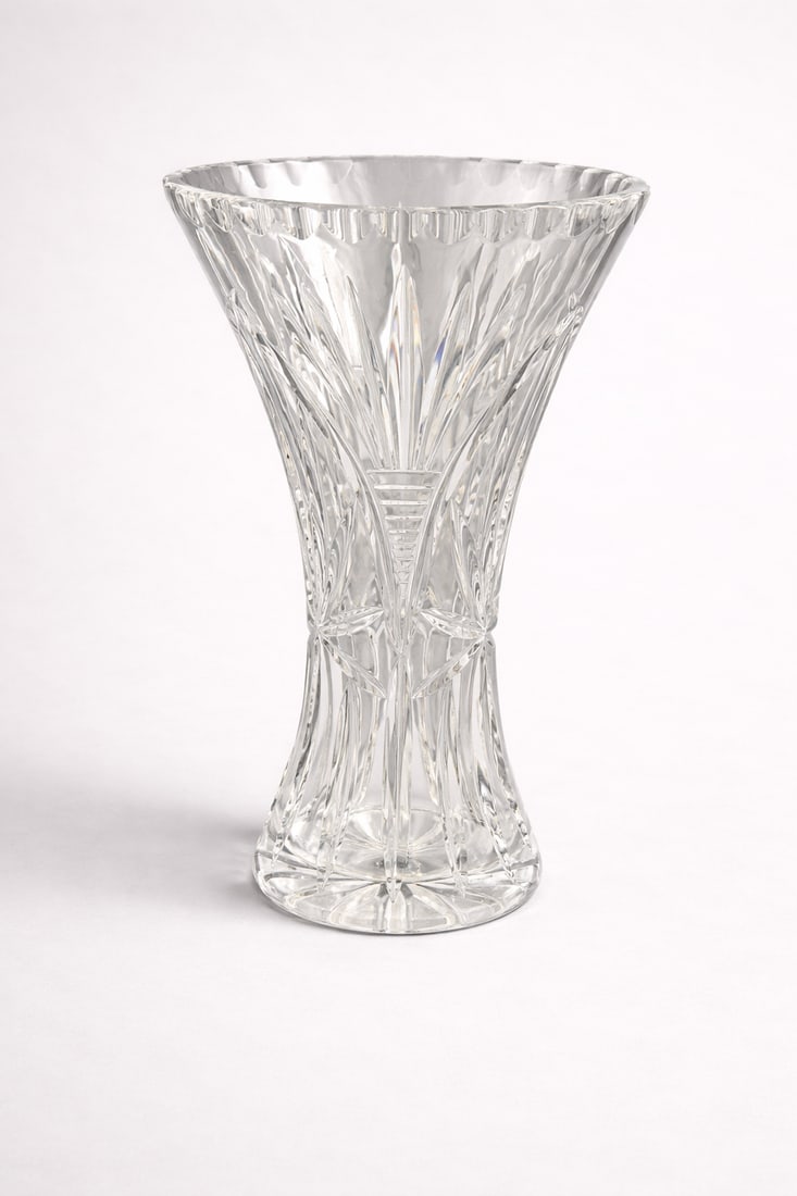 Starburst + vertical fan cuts with flared top crystal vase: Clear cut crystal vase with starburst and fan pattern design. No chips or cracks. Heavy, high-quality glass. Great for display or floral use.