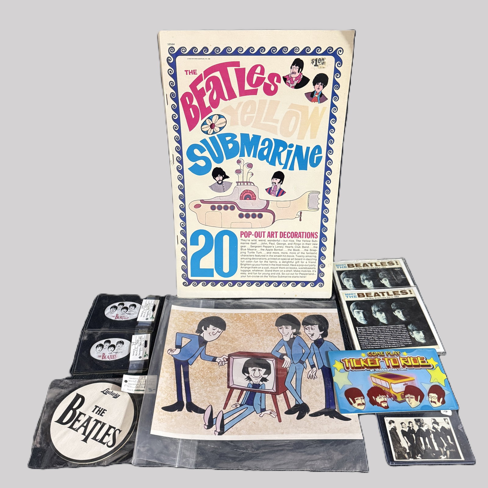 Beatles Yellow Submarine Pop-Up Book Vintage 1968 Pop-Out Art Decorations Complete Psychedelic: Vintage 1968 Beatles Yellow Submarine pop-up book featuring colorful psychedelic artwork and 20 original pop-out decorations from the iconic film era. This collectible Beatles memorabilia piece