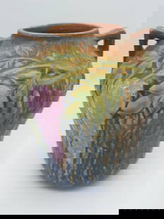 Antique Roseville Pottery Wisteria Vase: Stamped 9R. Measures 7.25 inches tall and 6.5 inches wide. Opening is 3 inches in diameter. Amphora style and introduced in 1933.