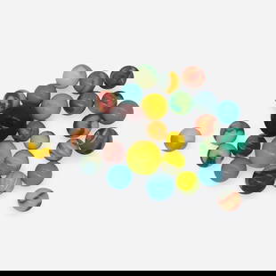 Antique/ Vintage Marbles: Assortment of marbles ranging from .5in to 1in in size. Condition varies as they have been played with. Some minor flea bites. 26 marbles total. Some are UV reactive.