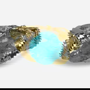 Vintage Kimberly 14k Gold and Blue Stone Ring: This 14k gold blue stone ring is a size 6 and boasts an estimated 2.5 karat Blue Topaz like Stone. Ring weighs 3.8g. Stamped "Kimberly" "14K"