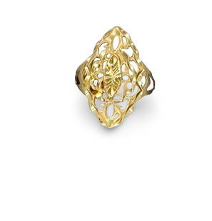 14K Gold Filagree Ring: 14k gold filagree style ring. Elaborate filagree design in a marquise shape that measures 1 inch tall by .75 inch wide. Size 7 and weighs 2.2g. Stamped Makers Mark with 14K.