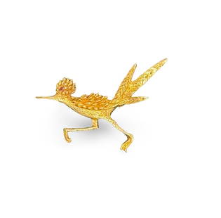 14K Gold Road Runner Brooch: This fun brooch is in the shape of a Road Runner. It's 14K gold and has a ruby colored stone for an eye. Brooch measures approximately 1.75 inch. It's stamped PLR and weighs 7.8g.