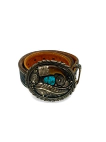 Navajo Style Native American Sterling Belt Buckle with Tooled Leather Belt