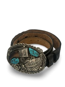 Navajo Style Native American Sterling Silver Belt Buckle with Tooled Leather belt (small)