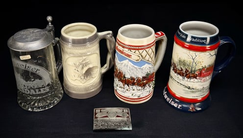 Lot of 4 Budweiser Steins & Belt Buckle