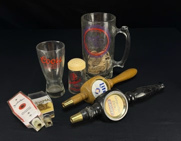 Lot of Beer Tap Handles and Bar Glassware