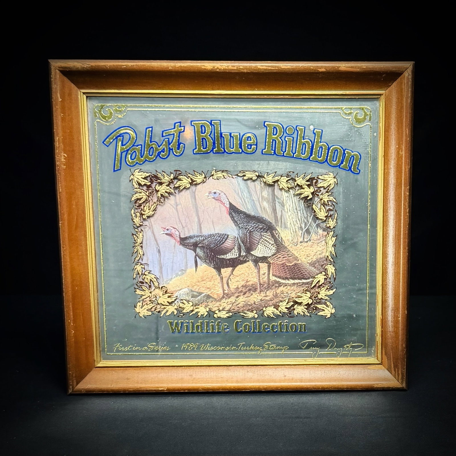 Pabst Blue Ribbon 1984 Turkey Wildlife Mirror: This is a Pabst Blue Ribbon advertising mirror from the Wildlife Collection. It is the first in the series, featuring the "1984 Wisconsin Turkeys & Bogs" design by Tony D'Angelis. The piece was manufa