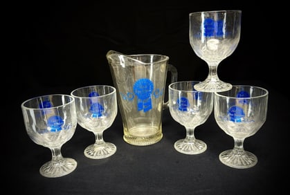 Pabst Blue Ribbon Glass Pitcher & 5 Goblets