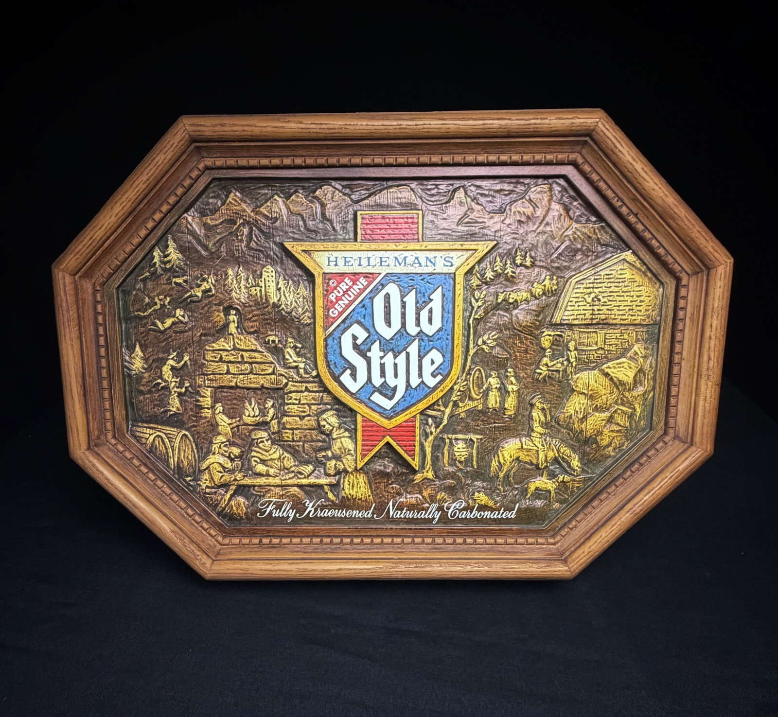 Heileman's Old Style 'Wood Carving' Beer Sign: This is a vintage advertising sign for Heileman's Old Style beer. The octagonal sign is constructed from molded plastic with the appearance of a detailed wood carving. It features the classic 'Old Sty