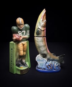 Vintage Football & Muskie Ceramic Decanters