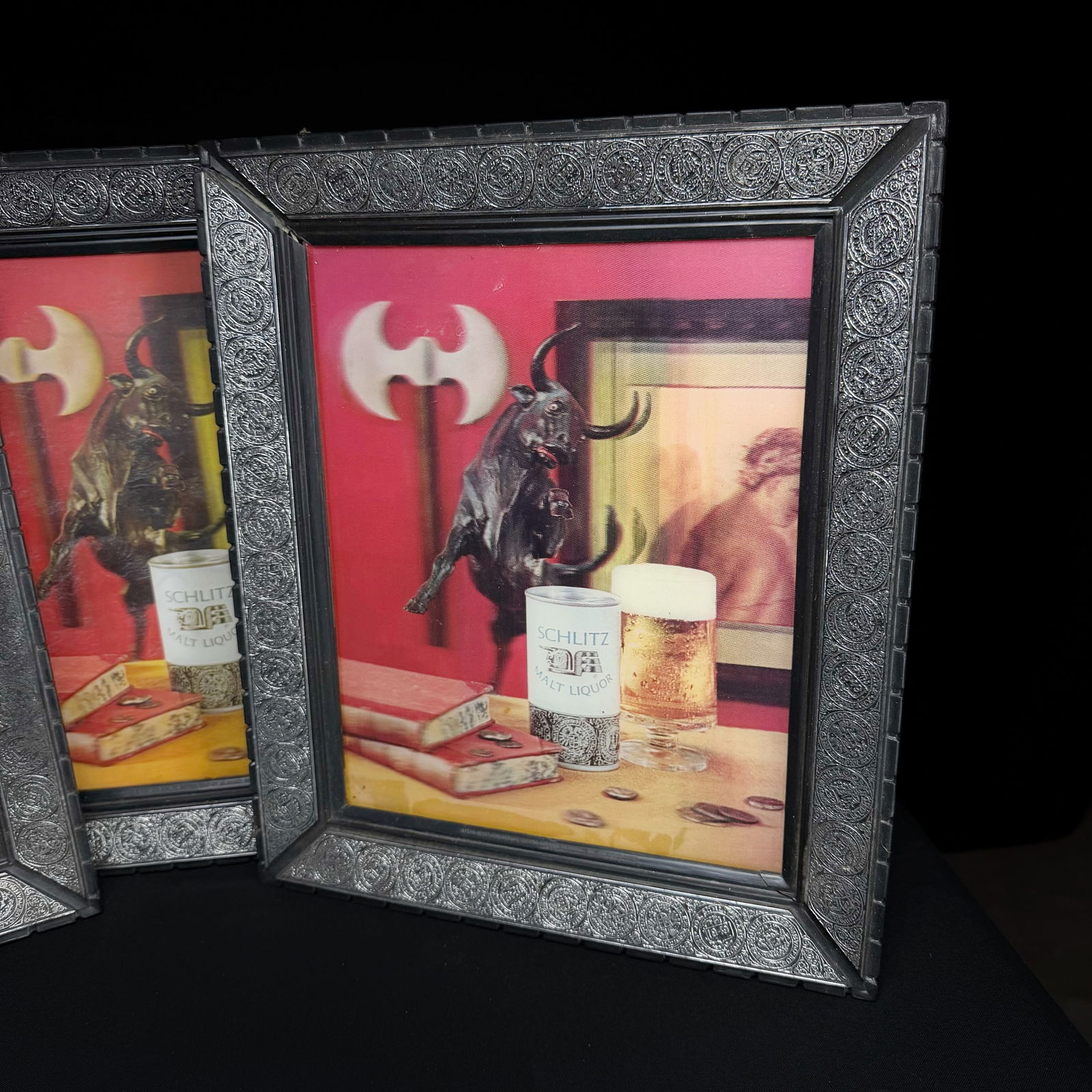 Schlitz Malt Liquor Beer Sign Holographic Bull: This is a lot of three (3) advertising displays for Schlitz Malt Liquor. Each features the iconic bull imagery associated with the brand, along with a can and glass of the beverage. The artwork is hou