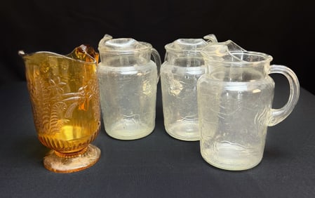4 Glass Pitchers: Amber Bird & 3 Clear with Embossed Animals