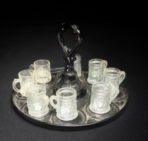 Vintage Mini Beer Mug Shot Glass Set & Black Glass Caddy
