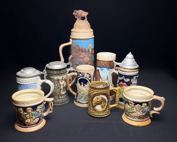 Lot of Nine Vintage German Style Beer Steins / Mustache Mugs