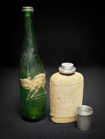 Green Glass Cat Bottle and Woven Metal Flask