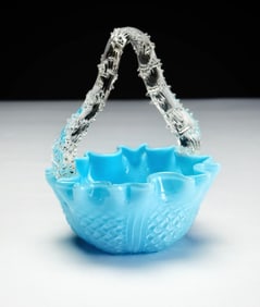 Fenton Art Glass Blue Hobnail Ruffled Basket