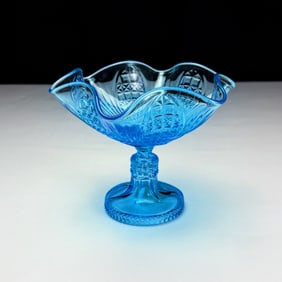 Blue Pressed Glass Ruffled Compote Dish