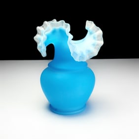 Blue Frosted Art Glass Ruffled Vase