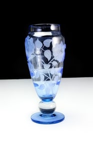 Vintage Tiffin Copen Blue Etched Floral Glass Vase