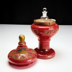 Bohemian Ruby Case Glass Bird & Floral Decanter Set