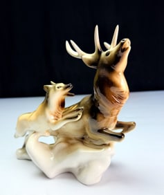 Royal Dux Czech porcelain art figurine - Stag and wolf