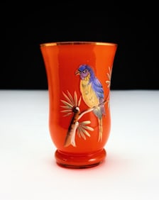 Slovakian Art Glass Vase with Hand-Painted Bird