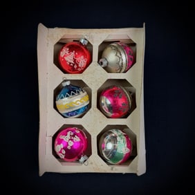 Set of Six Vintage Glass Ornaments in Box