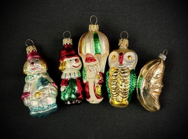 Five Retro Style Glass Christmas Ornaments